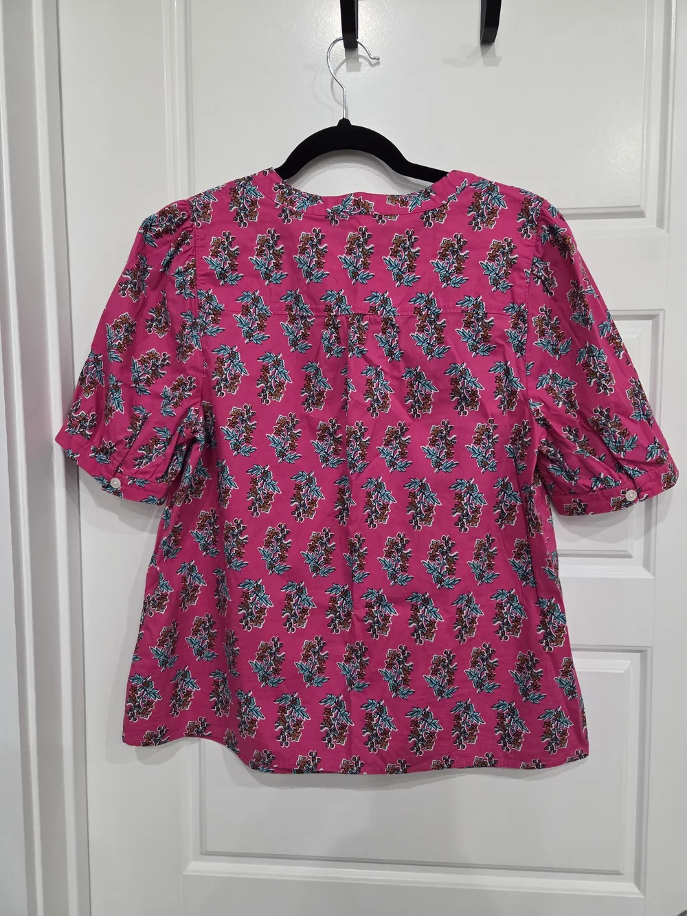 J. Crew Pink Floral Split-Neck Puff Sleeve Blouse Size Med